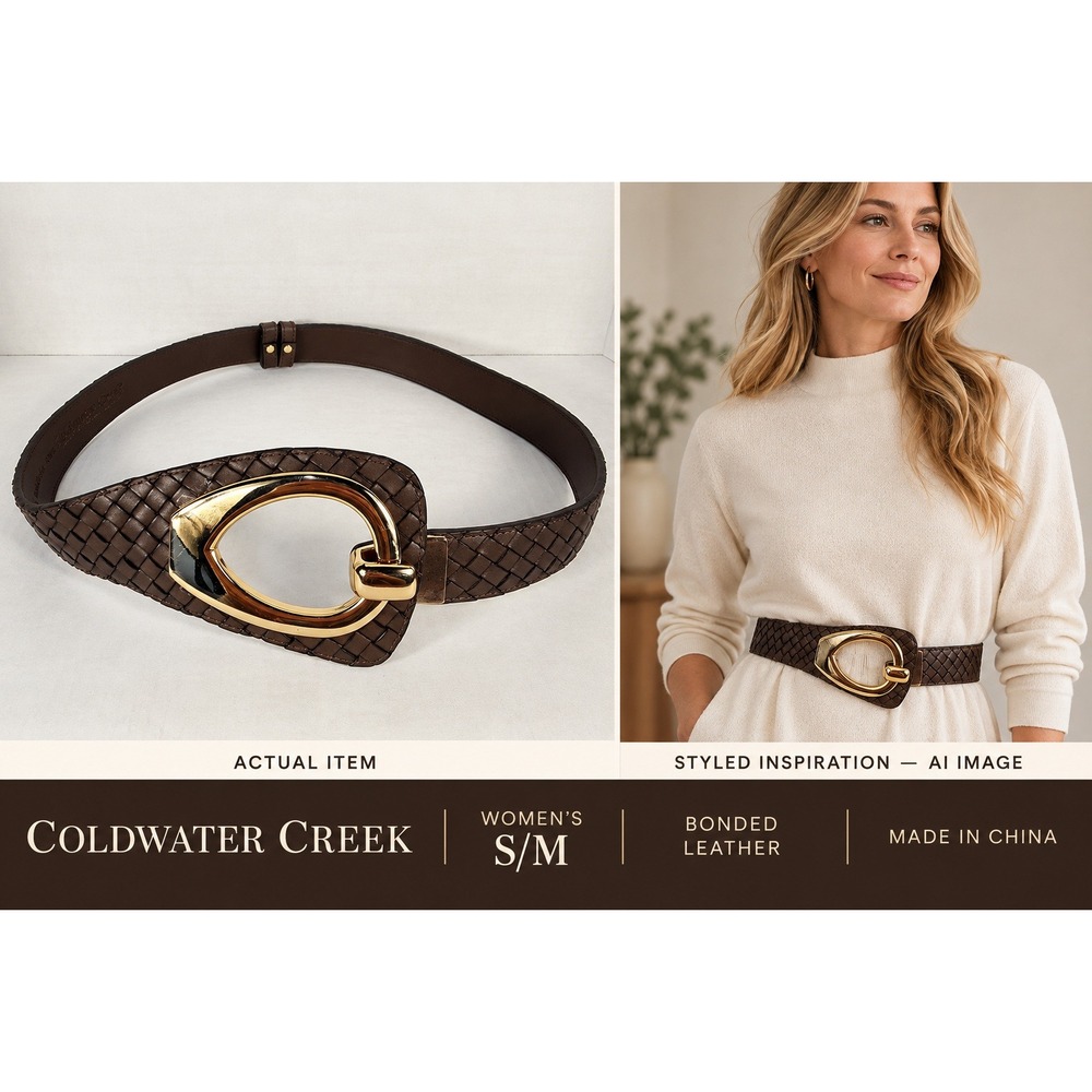 Coldwater Creek Brown Woven Leather Belt Gold Statement Buckle S/M Chunky Boho